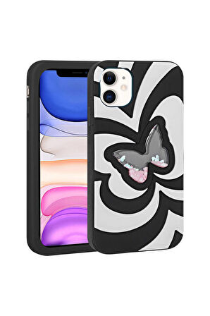 Apple iPhone 11 Uyumlu Simli Sıvılı Kelebek Tasarım Kadın Telefon Kılıfı Kapak Siyah