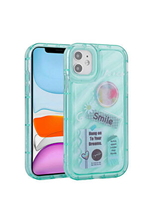 Apple iPhone 11 Uyumlu Renkli Airbag Çerçeveli Smile Yeşil Telefon Kılıfı Kapak