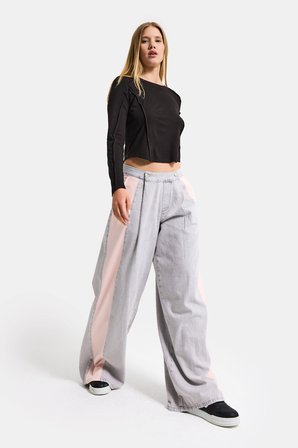 Kadın Gri Pembe 3s6-12 Palazzo Fit Çift Parça Özel Tasarım Denim Jean