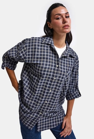 Kadın Gri Laci Ekose w6-54 Oversize Gömlek