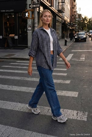 Kadın Gri Laci Ekose w6-54 Oversize Gömlek