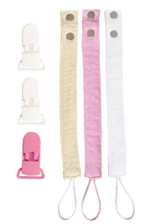 3'lü Pamuk Müslin Bebek Emzik Askısı - 3 Plastik Klips, Kolay Açılır Emzik Tutacağı / Zinciri | 2x25 cm