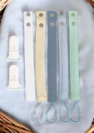 5'li Pamuk Müslin Bebek Emzik Askısı - 2 Plastik Klips, Kolay Açılır Emzik Tutacağı / Zinciri | 2x25 cm