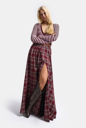 Kadın Bordo Ekose s6-35 Maxi Boy Yırtmaç Detaylı Pamuk Koton Etek