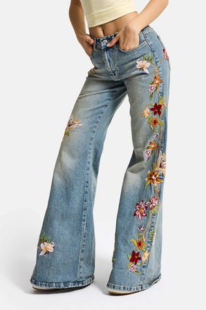 Kadın Kot Rengi 4s6-32 Flare Fit Beli Lastikli Özel Çiçek Desen Nakışlı Tasarım Denim Jean