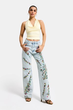 Kadın Kot Rengi 3s6-75 Straight Fit Çiçek Nakışlı Özel Tasarım Denim Jean