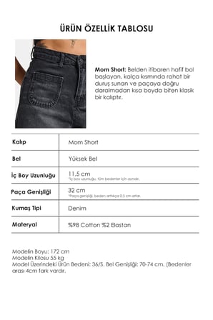 Kadın Koyu Füme 2s6-1 Mom Fit Önden Cepli Denim Şort