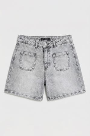 Kadın Gri Kot 4s6-12 Mom Fit Önden Cepli Denim Şort