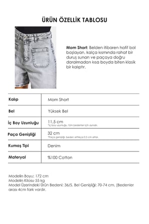 Kadın Gri Kot 4s6-12 Mom Fit Önden Cepli Denim Şort