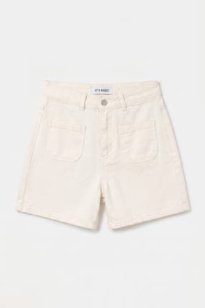 Kadın Kırık Beyaz 7s6-101 Midi Mom Fit Elastan Kumaş Denim Şort