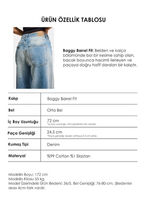 Kadın T.Kot Rengi 4s6-32 Mid Rise Baggy Barrel Komfort Kumaş Denim Jean