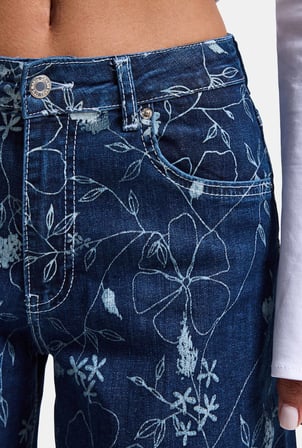 Kadın Mavi 1w6-5 Palazzo Fit Özel Çiçek Baskılı Kumaş Tasarım Denim Jean