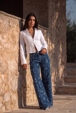 Kadın Mavi 1w6-5 Palazzo Fit Özel Çiçek Baskılı Kumaş Tasarım Denim Jean
