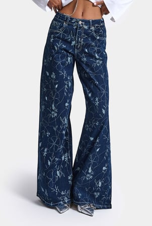 Kadın Mavi 1w6-5 Palazzo Fit Özel Çiçek Baskılı Kumaş Tasarım Denim Jean