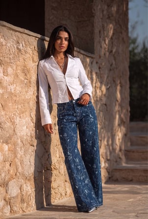Kadın Mavi 1w6-5 Palazzo Fit Özel Çiçek Baskılı Kumaş Tasarım Denim Jean