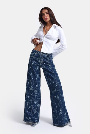 Kadın Mavi 1w6-5 Palazzo Fit Özel Çiçek Baskılı Kumaş Tasarım Denim Jean