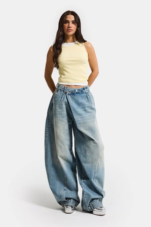 Kadın Kot Rengi 4s6-32 Süper Baggy Fit Kemer Detaylı Özel Tasarım Denim Jean