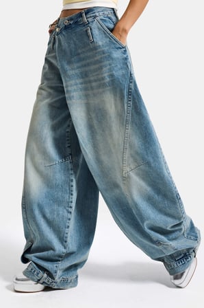 Kadın Kot Rengi 4s6-32 Süper Baggy Fit Kemer Detaylı Özel Tasarım Denim Jean