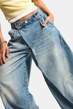 Kadın Kot Rengi 4s6-32 Süper Baggy Fit Kemer Detaylı Özel Tasarım Denim Jean