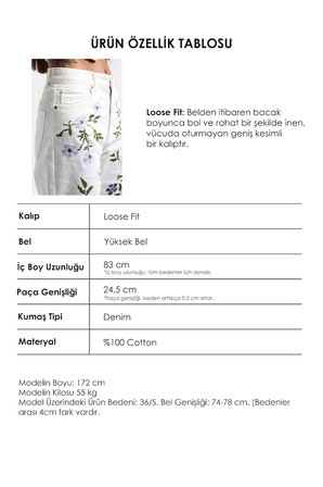 Kadın Kırık Beyaz 7s6-101 Loose Fit Çiçek Desen Nakışlı Özel Tasarım Denim Jean