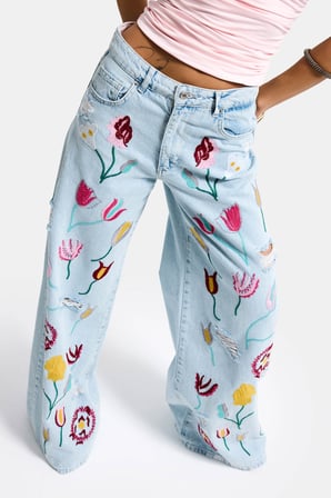 Kadın Ice 11s6-3 Palazzo Fit Gül Çiçek Nakış Detaylı Özel Tasarım Denim Jean