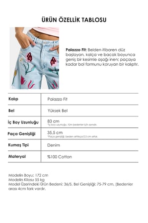 Kadın Ice 11s6-3 Palazzo Fit Gül Çiçek Nakış Detaylı Özel Tasarım Denim Jean