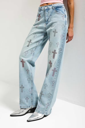 Kadın Kot Rengi T-4s6-32 Özel Parlak Taşlı Elastan Kumaş Tasarım Denim Jean