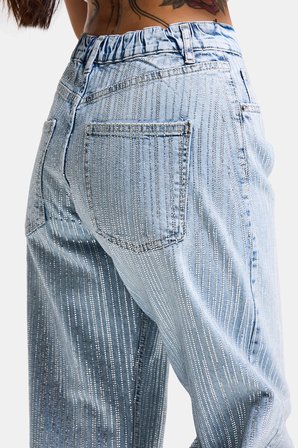 Kadın Kot Rengi T-4s6-3 Loose Fit Ön Arka Parlak Taşlı Tasarım Denim Jean