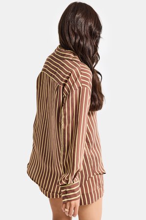 Kadın Kahve Çizgili s6-108 Oversize Rahat Kesim Gömlek