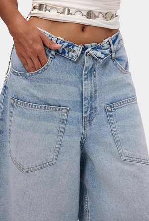 Kadın Mavi 4s6-3 Süper Baggy Fit Kemer Detaylı Maxi Boy Denim Jort