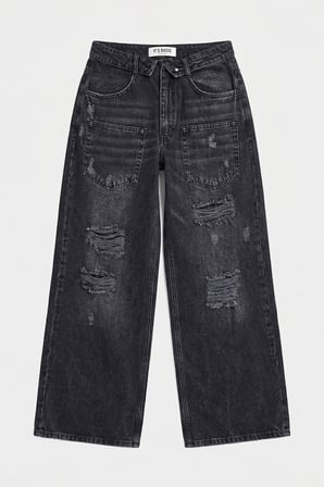 Kadın Koyu Füme 10s6-1 Süper Baggy Kemer ve Yırtık Detaylı Özel Tasarım Denim Jean