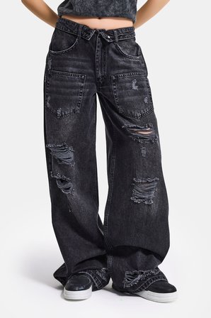Kadın Koyu Füme 10s6-1 Süper Baggy Kemer ve Yırtık Detaylı Özel Tasarım Denim Jean