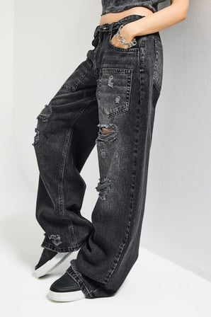 Kadın Koyu Füme 10s6-1 Süper Baggy Kemer ve Yırtık Detaylı Özel Tasarım Denim Jean