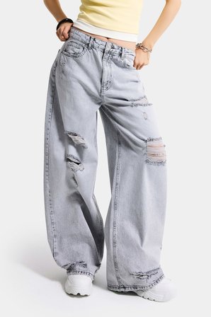 Kadın Gri 12s6-12 Süper Baggy Fit Yırtık ve Nakış Detaylı Özel Tasarım Denim Jean