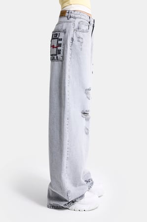 Kadın Gri 12s6-12 Süper Baggy Fit Yırtık ve Nakış Detaylı Özel Tasarım Denim Jean