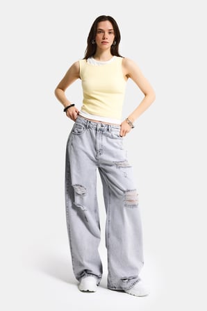 Kadın Gri 12s6-12 Süper Baggy Fit Yırtık ve Nakış Detaylı Özel Tasarım Denim Jean