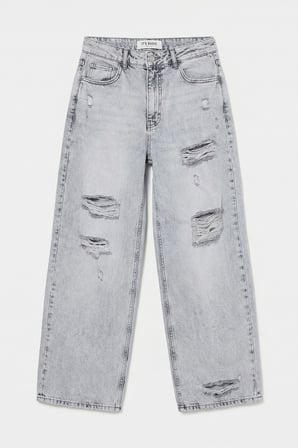 Kadın Gri 12s6-12 Süper Baggy Fit Yırtık ve Nakış Detaylı Özel Tasarım Denim Jean