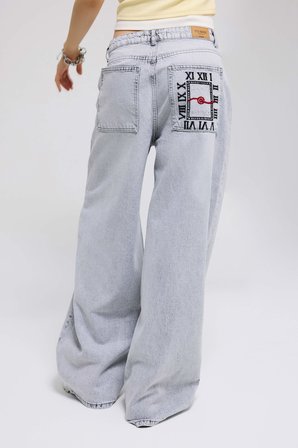 Kadın Gri 12s6-12 Süper Baggy Fit Yırtık ve Nakış Detaylı Özel Tasarım Denim Jean