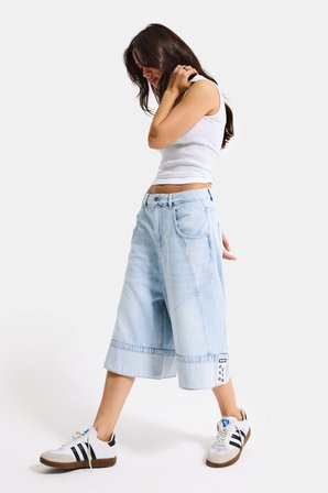 Kadın Ice Renk 4s6-3 Baggy Fit Maxi Boy Özel Tasarım Denim Bermuda Şort