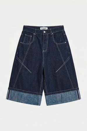 Kadın İndigo Selvedge 7s6-50 Baggy Fit Maxi Boy Özel Tasarım Denim Bermuda Şort