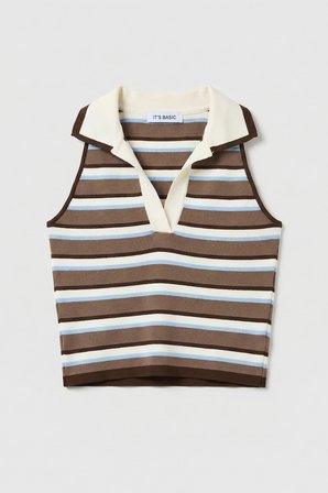 Kadın Mavi Kahve s6-103 Crop Fit Polo Yaka İnce Yazlık Triko Body