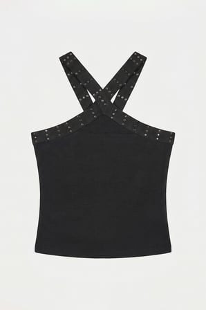 Kadın Siyah s6-1 Crop Parlak Taş Detaylı Boyundan Askılı Tasarım Body