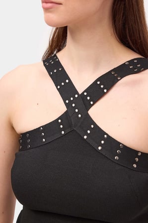 Kadın Siyah s6-1 Crop Parlak Taş Detaylı Boyundan Askılı Tasarım Body