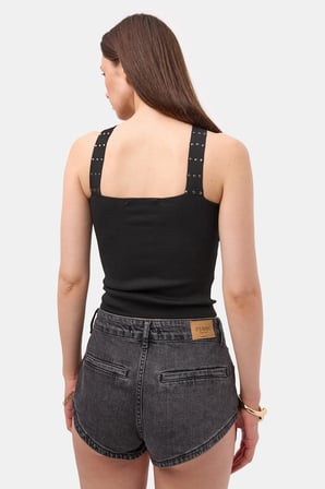Kadın Siyah s6-1 Crop Parlak Taş Detaylı Boyundan Askılı Tasarım Body