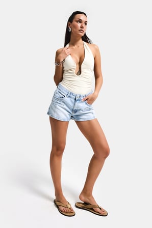 Kadın Ice Renk 4s6-3 Mom Fit Cep Detaylı Komfort Kumaş Denim Şort