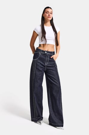 Kadın İndigo Selvedge 7s6-50 Süper Baggy Fit Nakışlı Tasarım Denim Jean