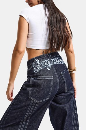 Kadın İndigo Selvedge 7s6-50 Süper Baggy Fit Nakışlı Tasarım Denim Jean