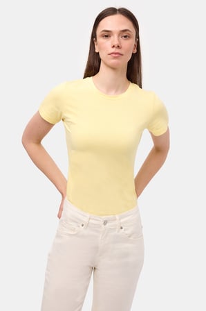 Kadın Light Sarı s6-108 Bisiklet Yaka %100 Organik Pamuk Esnek Kumaş T-Shirt