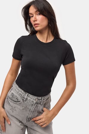 Kadın Siyah s6-1 Bisiklet Yaka %100 Organik Pamuk Esnek Kumaş T-Shirt