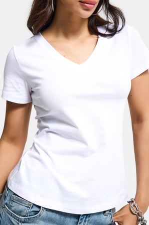 Kadın Beyaz s6-2 V Yaka %100 Organik Pamuk Esnek Kumaş T-Shirt